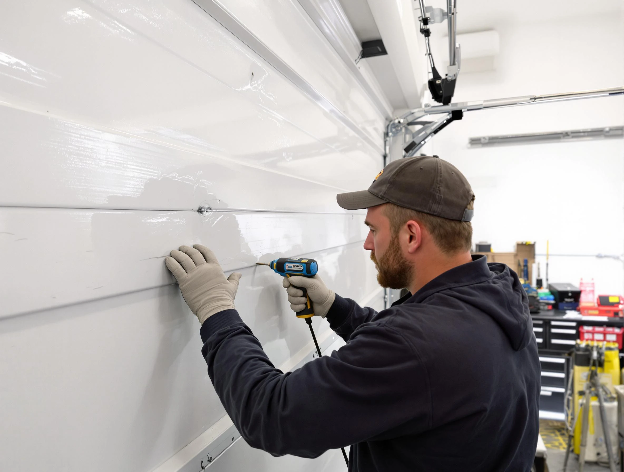 East Highland Park Garage Door Repair technician demonstrating precision dent removal techniques on a East Highland Park garage door