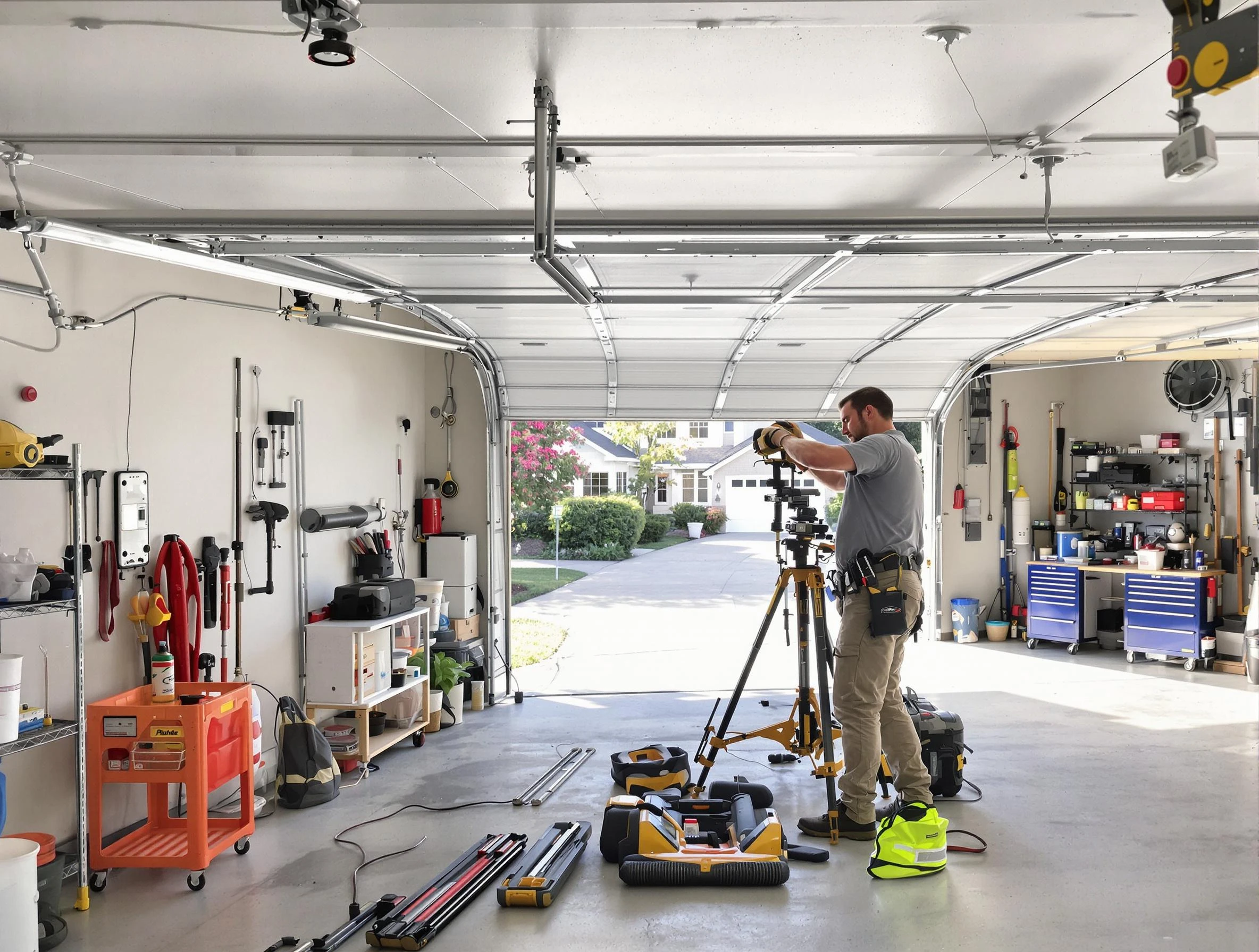 East Highland Park Garage Door Repair specialist performing laser-guided track alignment in East Highland Park